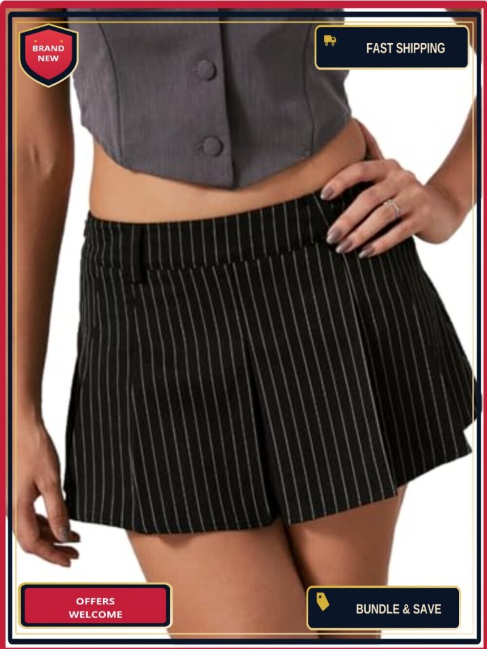 Striped Low Waisted Pleated Mini Skirt Flare Hem Y2K Casual Skater